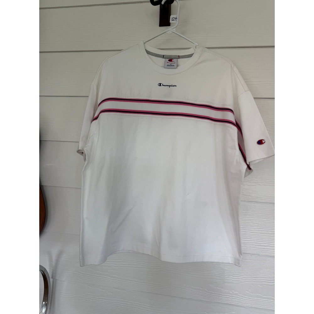 #A- 053-Champion Womens Boxy Fit T-Shirt White Pink Striped Script Logo Medium